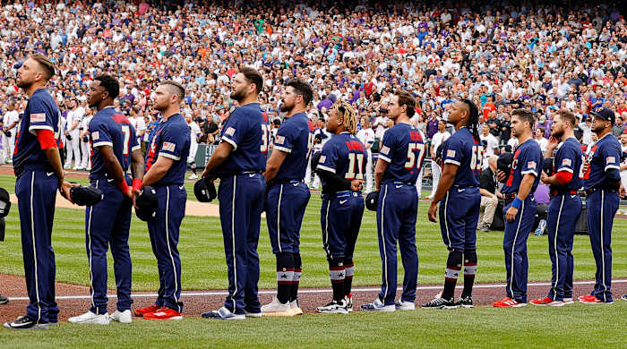 The American League and National League players and fans stand at 2021 MLB All Star Game